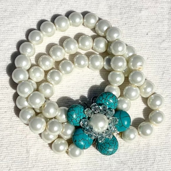 Handmade Bracelet Stretch Multi Strand Pearl Turquoise Boho Flower Crystal New! - Picture 3 of 6